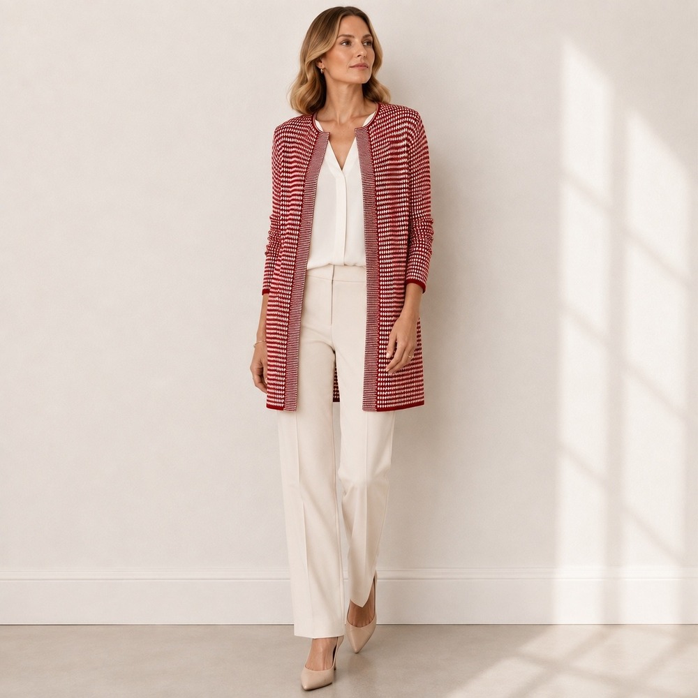 Talbots Merino Wool Longline Cardigan Sweater Womens XL Red Geometric Open Front